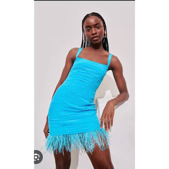 SAYLOR NY Melina Dress - Sleeveless Blue Fur Feather Trim Mini Dress XS NWT - Picture 1 of 8